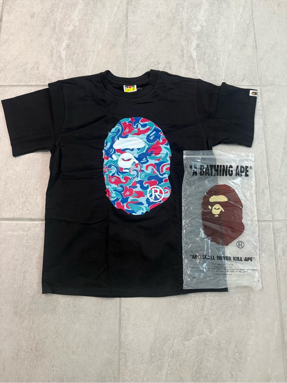 Bape Black Tee with Blue & Pink Camo Ape Logo